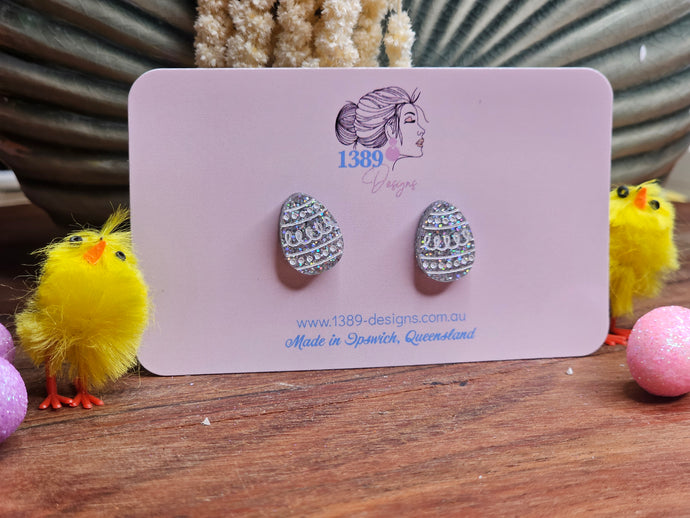 Regular IRIDESCENT GLITTER with White EASTER EGG (hand-painted) Stud Earrings
