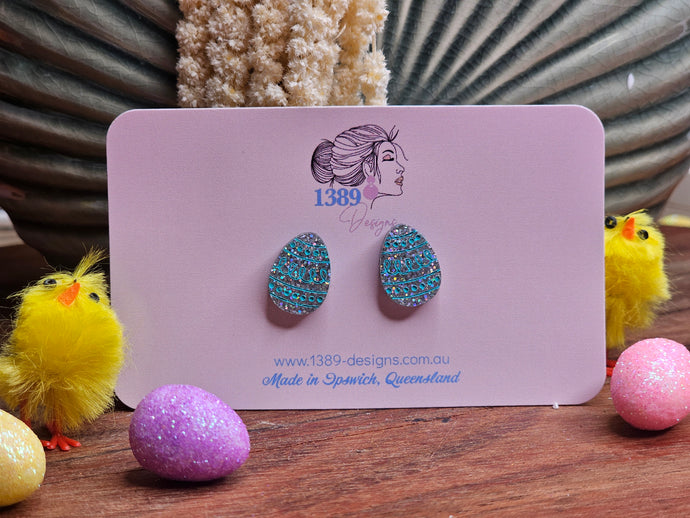 Regular IRIDESCENT GLITTER with BLUE EASTER EGG (hand-painted) Stud Earrings