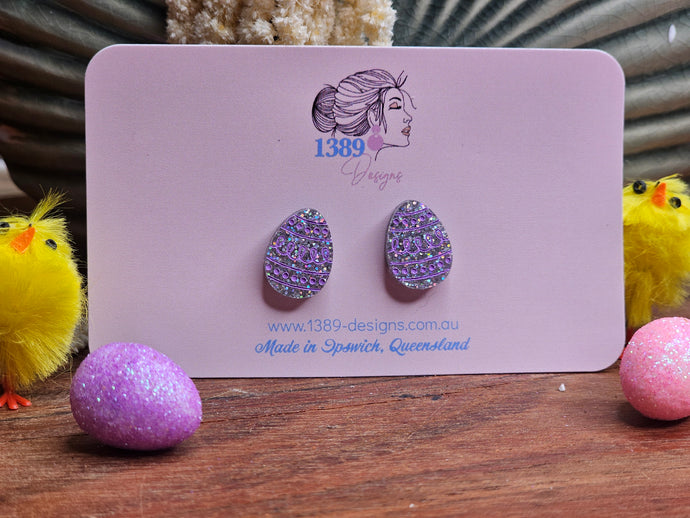 Regular IRIDESCENT GLITTER with Purple EASTER EGG (hand-painted) Stud Earrings