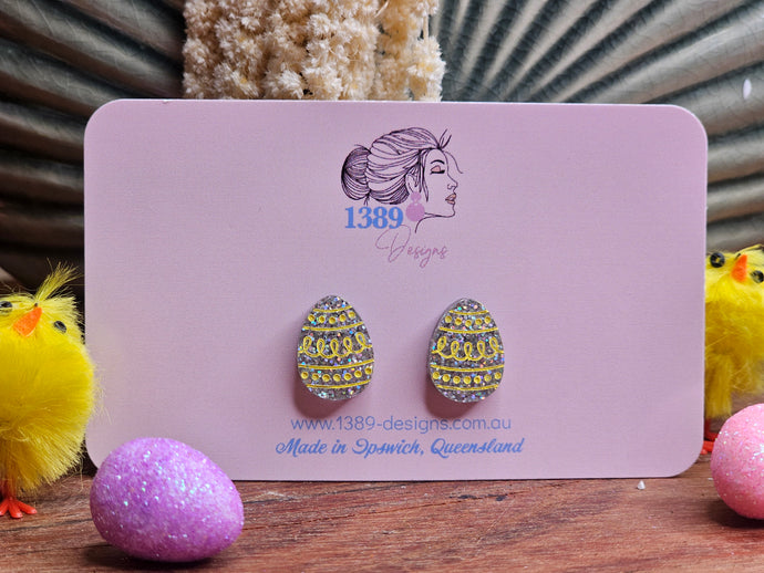 Regular IRIDESCENT GLITTER with YELLOW EASTER EGG (hand-painted) Stud Earrings