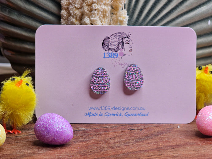 Regular IRIDESCENT GLITTER with PINK EASTER EGG (hand-painted) Stud Earrings