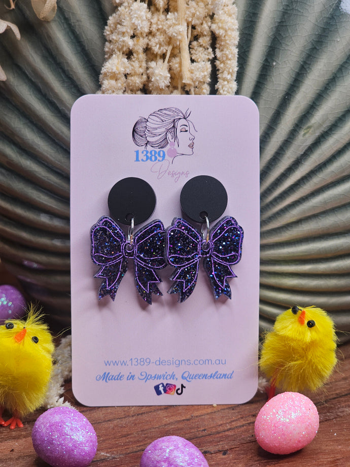 PURPLE GLITTER BOW Dangle Earrings