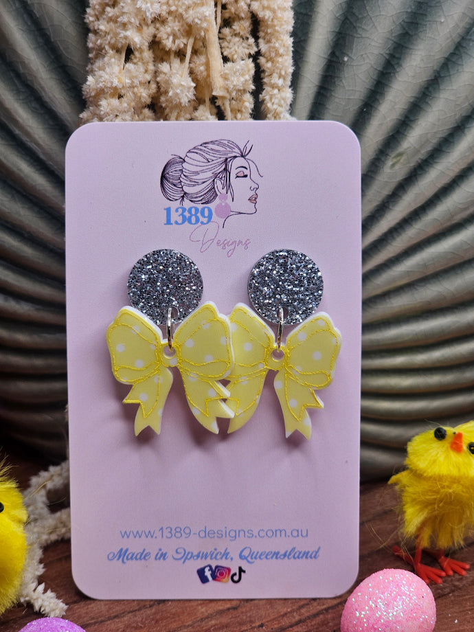 YELLOW POLKA DOT BOW 1 Dangle Earrings