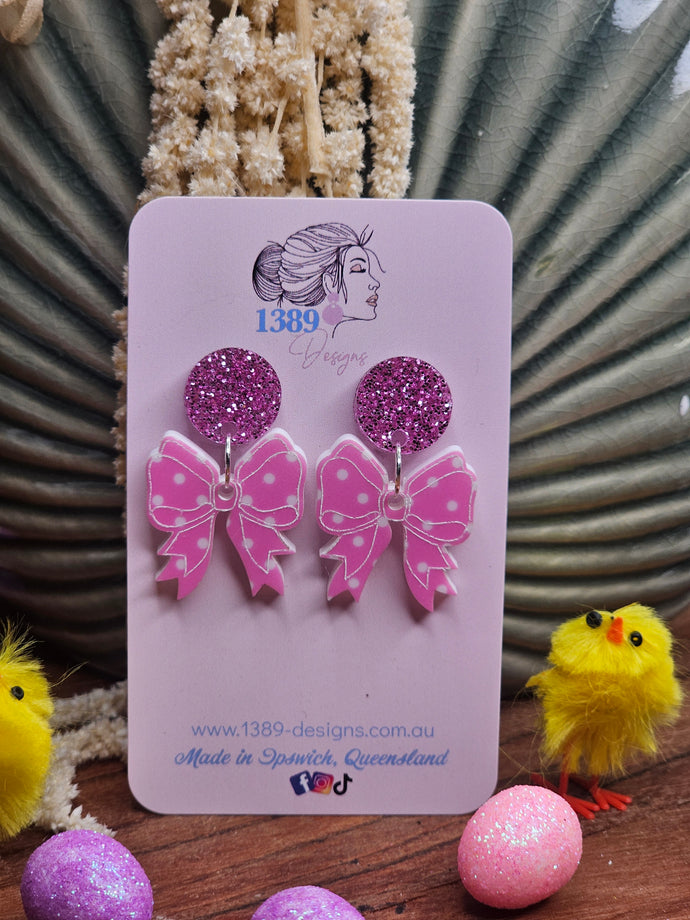 PINK POLKA DOT BOW 2 Dangle Earrings