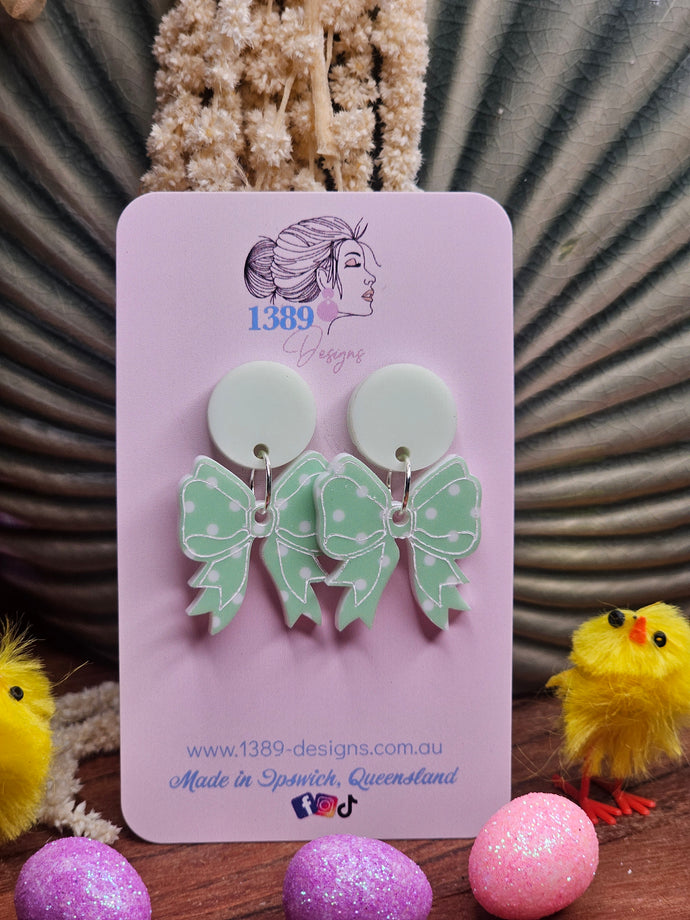 GREEN POLKA DOT BOW 1 Dangle Earrings
