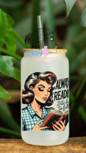 Load image into Gallery viewer, 16oz ALWAYS READING BITCHES TO FILTH Frosted Libbey Can Glass with Bamboo Lid