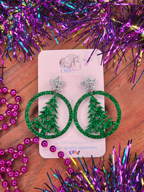 GREEN TREE with SILVER STAR Dangle Earrings