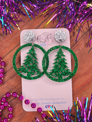 GREEN TREE with SILVER CIRCLE Dangle Earrings