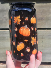 Load image into Gallery viewer, 16oz UV DTF PUMPKINS &amp; AUTUMN LEAVES Black Can Glass