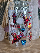 Load image into Gallery viewer, 16oz IRON MAN - WHO NEEDS SUPERHEROES WHEN I HAVE MY DAD Clear Can Glass with Bamboo Lid