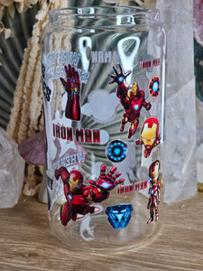 16oz IRON MAN - WHO NEEDS SUPERHEROES WHEN I HAVE MY DAD Clear Can Glass with Bamboo Lid