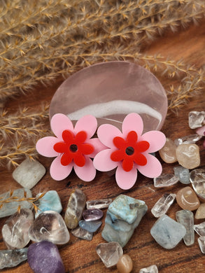 Large Pastel Pink & Red Flower (2.5cm) Stud Earrings