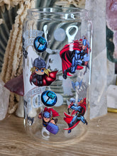 Load image into Gallery viewer, 16oz THOR - WHO NEEDS SUPERHEROES WHEN I HAVE MY DAD Clear Can Glass with Bamboo Lid