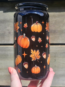 16oz UV DTF PUMPKINS & AUTUMN LEAVES Black Can Glass β 1389 Designs