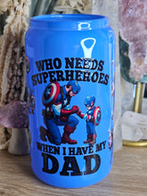 Load image into Gallery viewer, 16oz CAPTAIN AMERICA - WHO NEEDS SUPERHEROES WHEN I HAVE MY DAD Neon Blue Can Glass with Plastic Lid