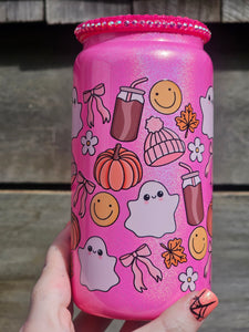 16oz UV DTF GHOST FALL VIBES Hot Pink Shimmer Can Glass