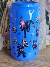 Load image into Gallery viewer, 16oz CAPTAIN AMERICA - WHO NEEDS SUPERHEROES WHEN I HAVE MY DAD Neon Blue Can Glass with Plastic Lid