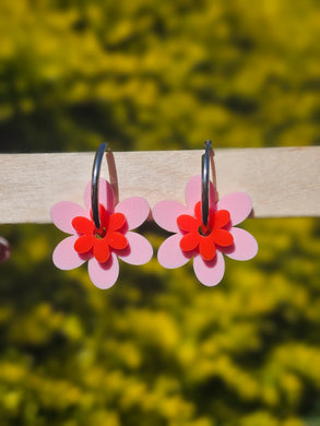 Pastel Pink & Red Flower Hoop Earrings