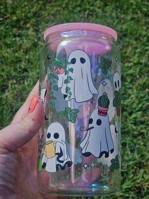 16oz UV DTF GHOSTS & PLANTS (Wrap) Iridescent Can Glass