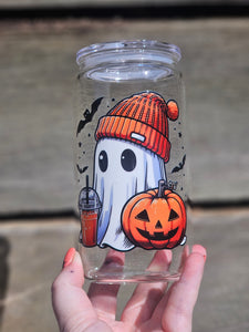 16oz UV DTF GHOST BEANIE Clear Can Glass