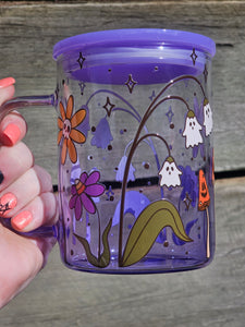 16oz SPOOKY GARDEN Purple Ombre Handled Can Glass with Plastic Lid