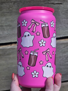 16oz UV DTF GHOSTS, BOWS & ICED COFFEE Hot Pink Insulated Can Tumbler