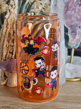 Load image into Gallery viewer, 16oz DR. STRANGE - WHO NEEDS SUPERHEROES WHEN I HAVE MY DAD Orange Can Glass with Plastic Lid