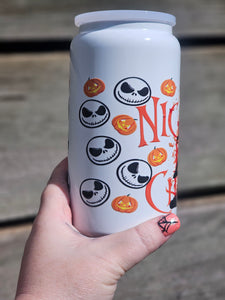 16oz UV DTF JACK SKELLINGTON White Glow in the Dark Insulated Can Tumbler