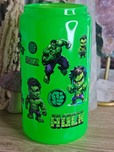 Load image into Gallery viewer, 16oz HULK - WHO NEEDS SUPERHEROES WHEN I HAVE MY DAD Neon Green Can Glass with Plastic Lid