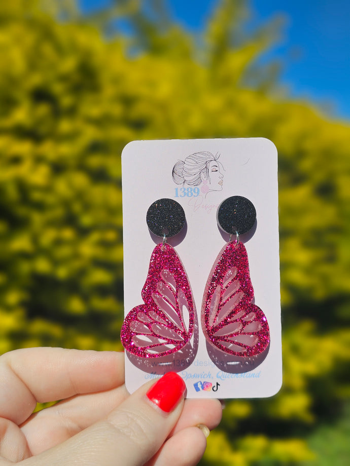 Hot Pink Glitter Butterfly Dangle Earrings (Assorted)