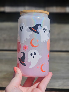 16oz UV DTF GHOST & WITCHY VIBES White & Pink Ombre Shimmer Can Glass