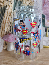 Load image into Gallery viewer, 16oz SUPERMAN - WHO NEEDS SUPERHEROES WHEN I HAVE MY DAD Clear Can Glass with Bamboo Lid