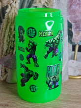 Load image into Gallery viewer, 16oz HULK - WHO NEEDS SUPERHEROES WHEN I HAVE MY DAD Neon Green Can Glass with Plastic Lid