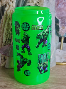 16oz HULK - WHO NEEDS SUPERHEROES WHEN I HAVE MY DAD Neon Green Can Glass with Plastic Lid