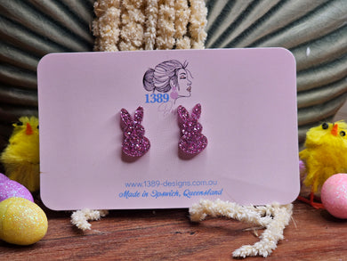 Regular PINK GLITTER BUNNY Stud Earrings