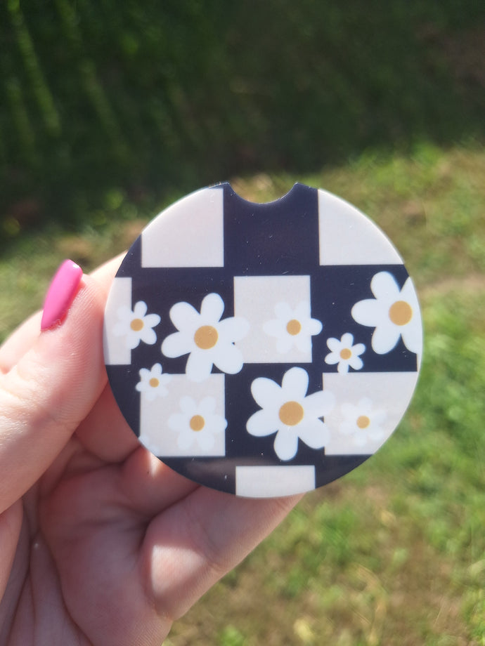 FLORAL CHECKERBOARD Car Coasters (2pack)