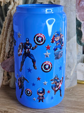 Load image into Gallery viewer, 16oz CAPTAIN AMERICA - WHO NEEDS SUPERHEROES WHEN I HAVE MY DAD Neon Blue Can Glass with Plastic Lid