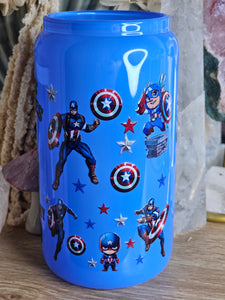 16oz CAPTAIN AMERICA - WHO NEEDS SUPERHEROES WHEN I HAVE MY DAD Neon Blue Can Glass with Plastic Lid