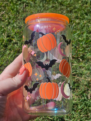 16oz UV DTF BATS & PUMPKINS Iridescent Can Glass