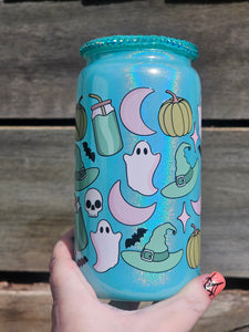 16oz UV DTF MINT HALLOWEEN VIBES Blue Shimmer Can Glass