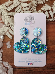 BLUE CHUNKY GLITTER Heart Dangle Earrings