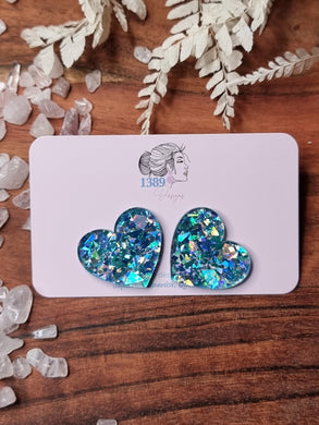XL (3cm) BLUE CHUNKY GLITTER Heart Stud Earrings