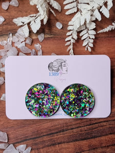 XL (3cm) PURPLE/GREEN CHUNKY GLITTER Circle Stud Earrings