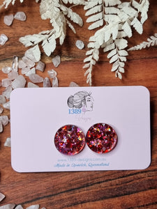 LARGE RED/PINK CHUNKY GLITTER Circle Stud Earrings