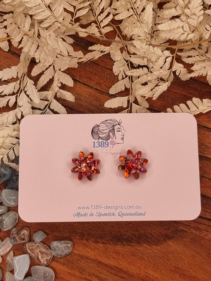Regular RED/PINK CHUNKY GLITTER Flower Stud Earrings