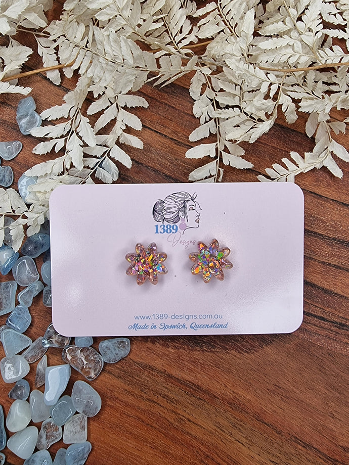 Regular PINK CHUNKY GLITTER Flower Stud Earrings