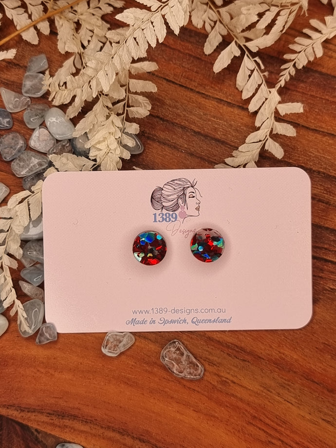 Mini RED & TEAL CHUNKY GLITTER Circle Stud Earrings