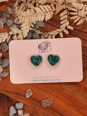 Regular GREEN GLITTER Heart Stud Earrings