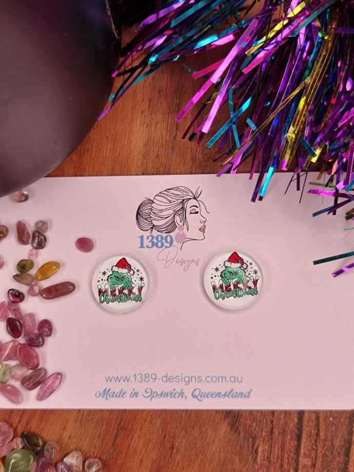 Regular GRINCH 'MERRY CHRISTMAS' Glass Dome Stud Earrings