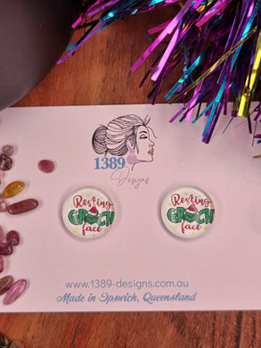 Regular RESTING GRINCH FACE Glass Dome Stud Earrings